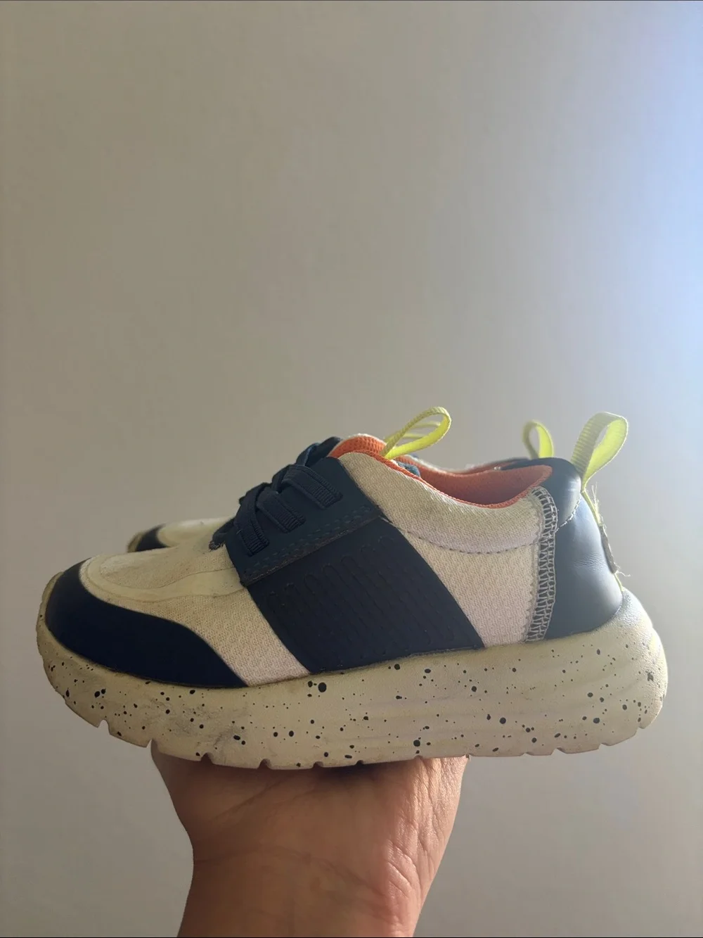 Hey Dude White, Navy & Orange Kids Sneakers with Yellow Pull Tab